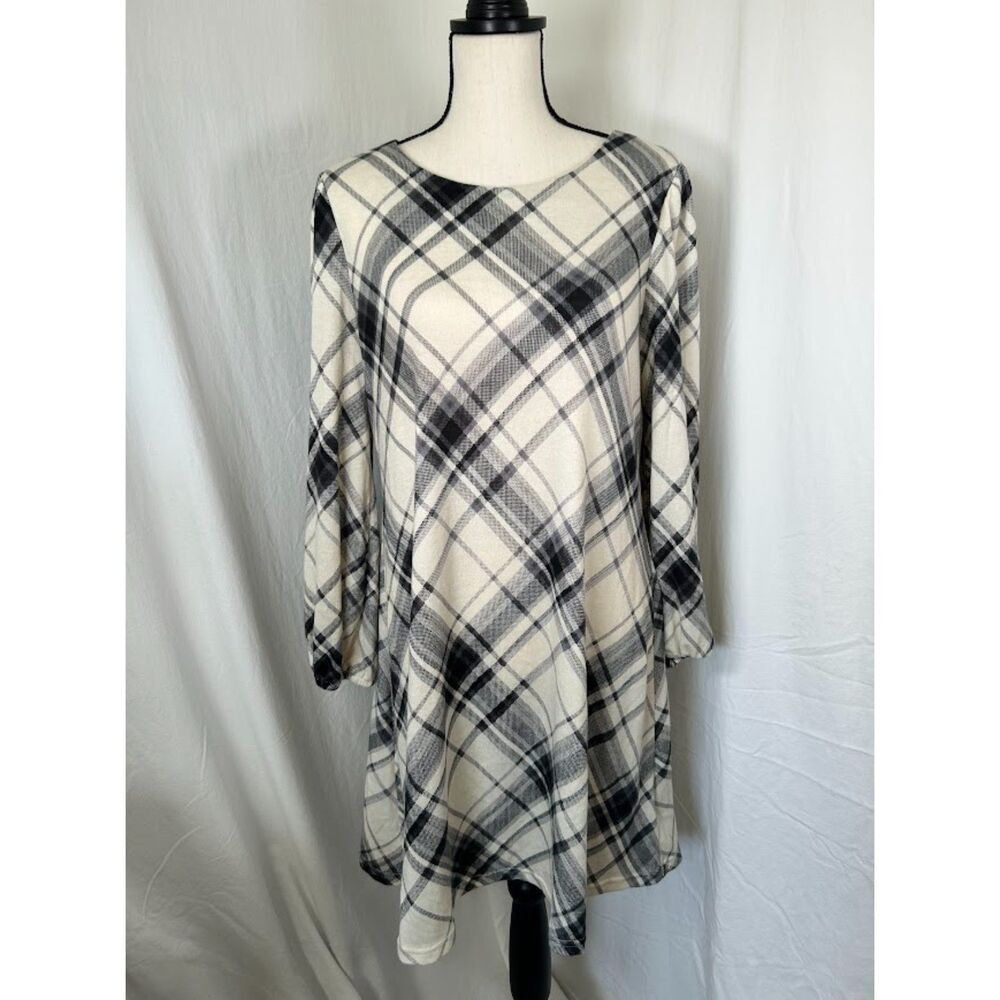 Chetta B Plaid Flannel Trapeze Dress Black & Cream Removable Cowl Size Med - Picture 2 of 16
